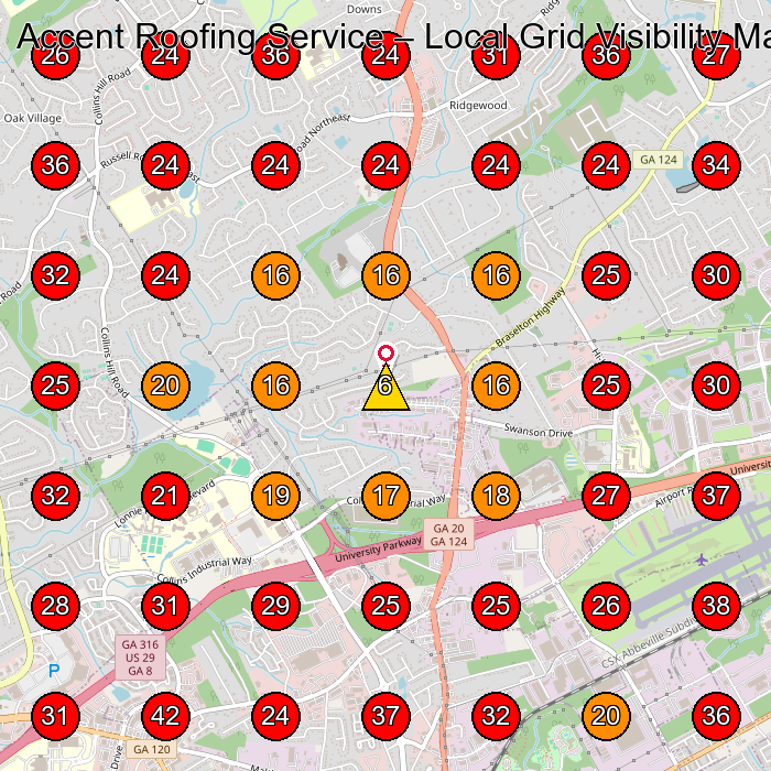 Accent Roofing Service GeoGrid visibility map for Roofing Contractor in Hiram